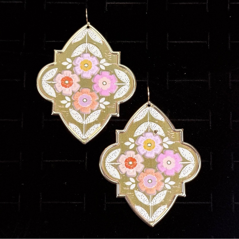 Large Floral Green and Goldtone Pierced Earrings